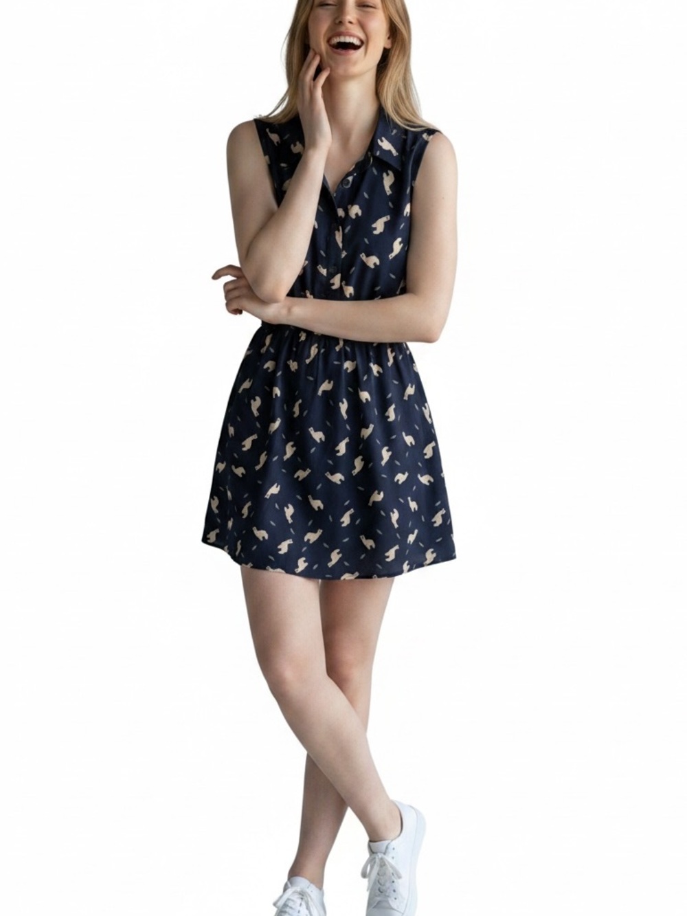 La Vie Lente Sleeveless Summer Dress Small Navy Llama Print